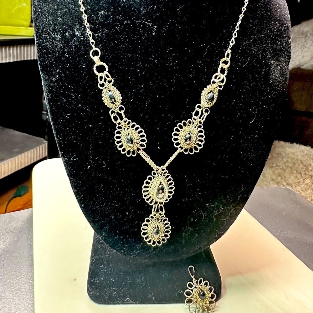 Beautiful Vintage Silesian Iron Wirework Necklace & Earrings black onyx